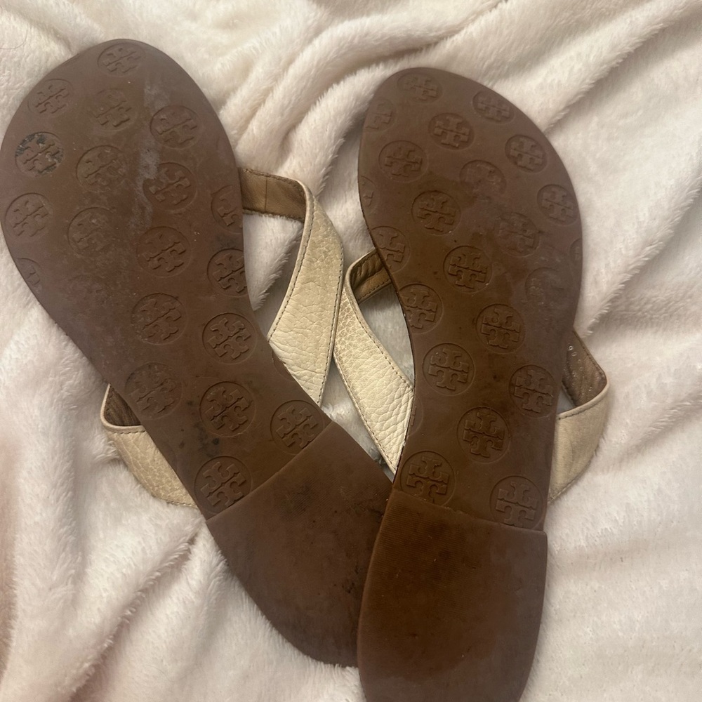 Tory Burch Tan (cream, off white) and Brown Leather Flip Flops - Picture 2 of 2
